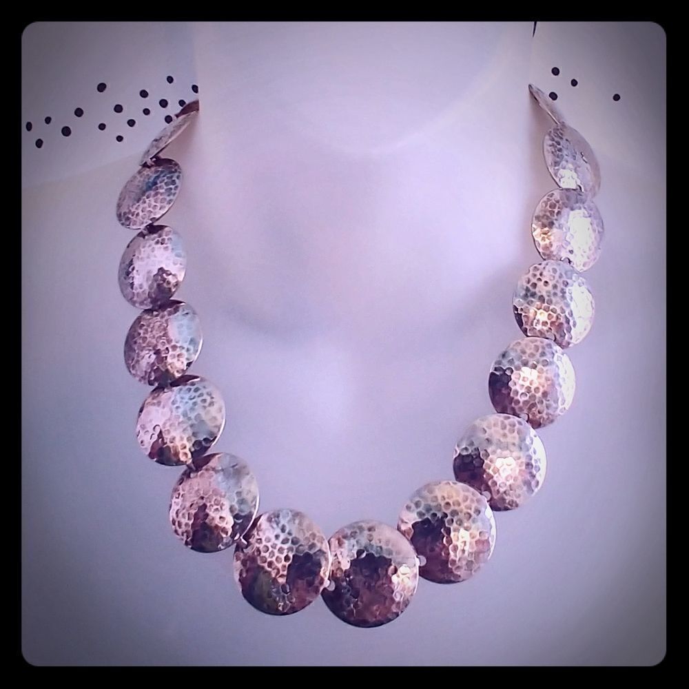 Vintage 60s 70s Hammered Silver Disk Necklace
